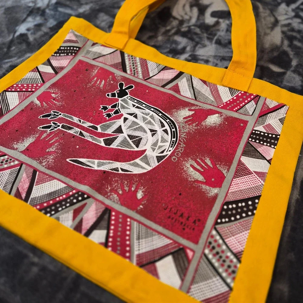 Jijaka Australia Aboriginal Art Canvas Tote Bag Koala Kangaroo Yellow Red